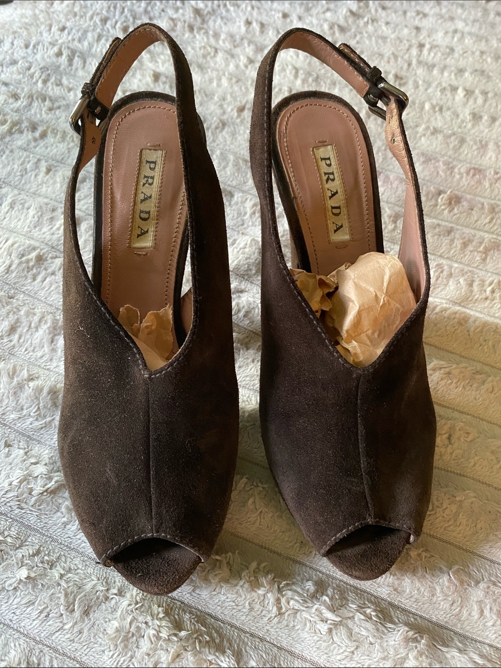 Prada Dark Brown Suede Peep-Toe Slingback Heels